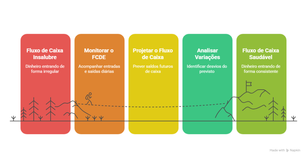 Infográfico sobre a saúde do fluxo de caixa. Mostra uma jornada que vai do Fluxo de Caixa Insalubre até o Fluxo de Caixa Saudável.