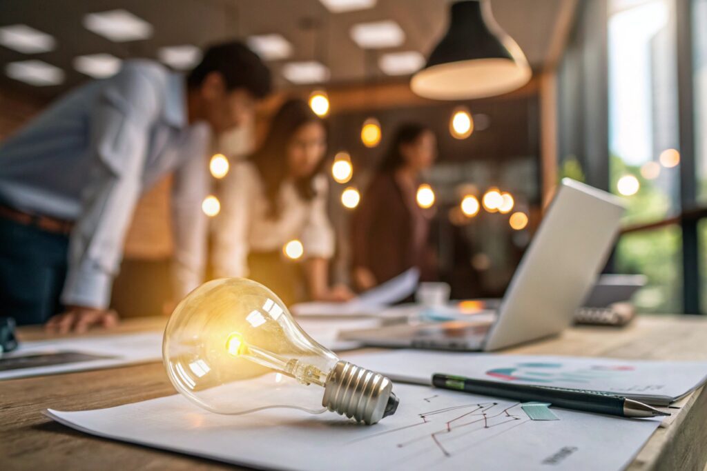 Lâmpada acesa sobre uma mesa com gráficos e caneta, em primeiro plano; ao fundo, três pessoas analisam documentos ao lado de um notebook em um escritório