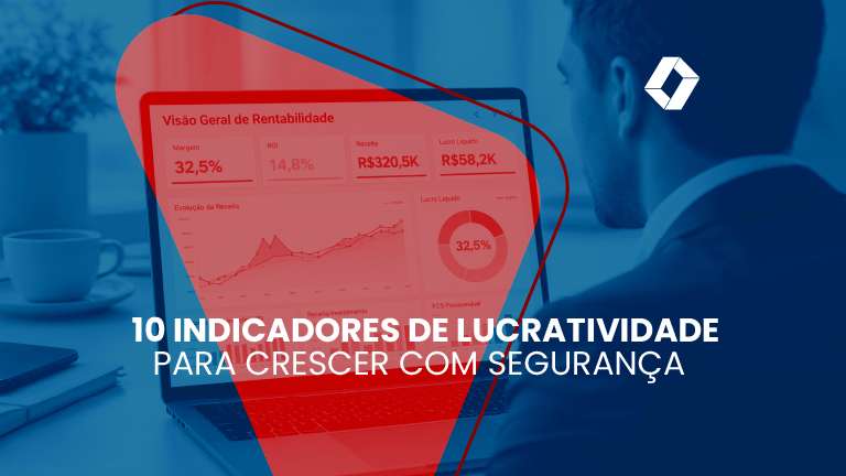 Empresário de terno observa notebook com dashboard financeiro, exibindo indicadores de rentabilidade, gráficos coloridos em ambiente corporativo.