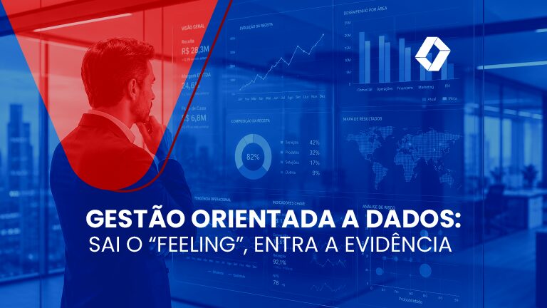 Executivo observa painéis de dados e indicadores projetados em vidro translúcido dentro de escritório corporativo moderno.