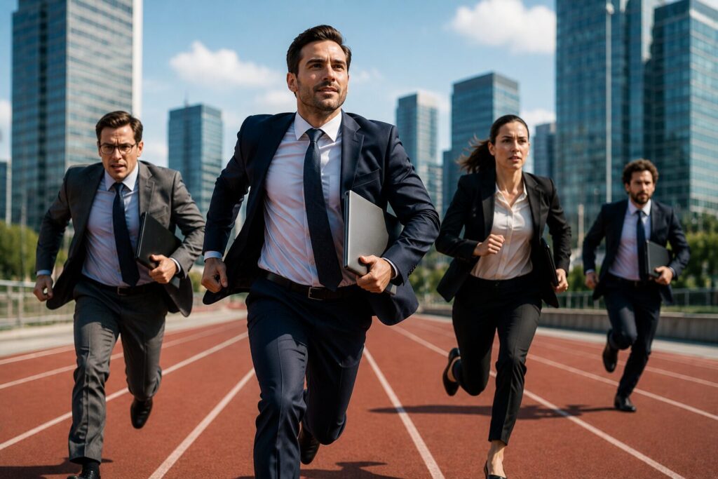 Profissionais de terno correm em uma pista de atletismo segurando notebooks, denotando competitividade.
